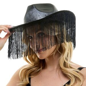 Black Shiny Western Cowboy Hat with Fringe